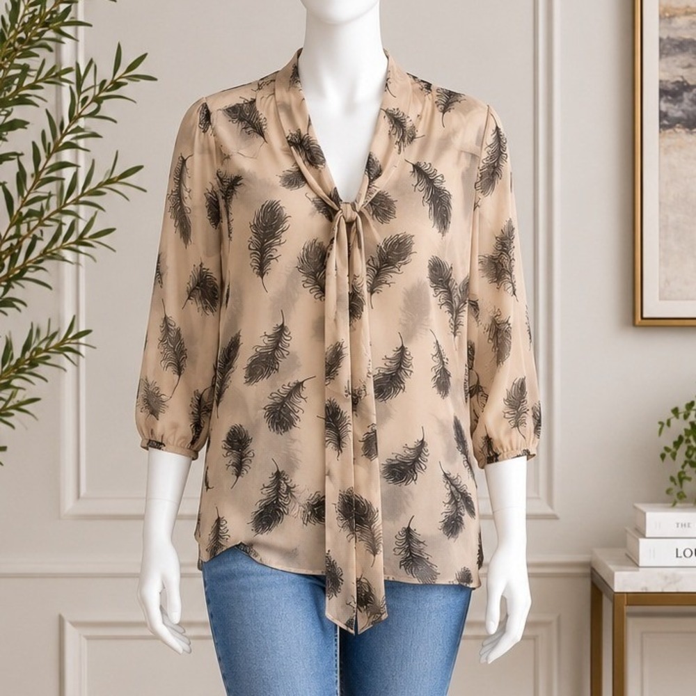 Criss Cross Women Blouse Feather Print Tie Neck Sheer Tan Medium